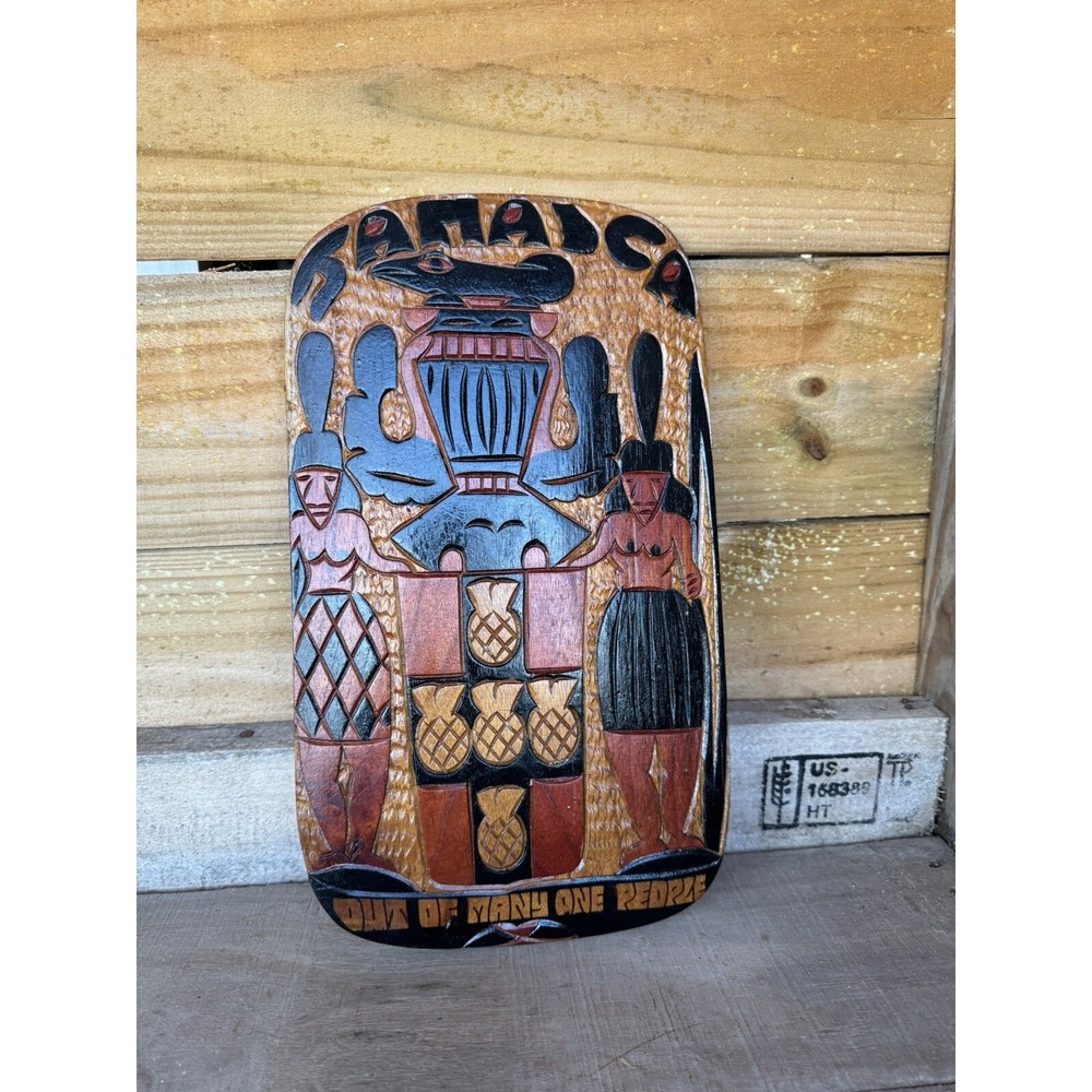Handcarved Jamaica Wood Carving Wall Hanging‎ Folk Art Coat of Arms Unsigned